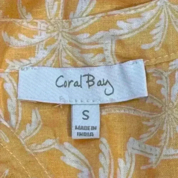 Coral Bay Golden Yellow/White Linen Palm Tree V-Neck Blouse-Women’s Small - Picture 5 of 5